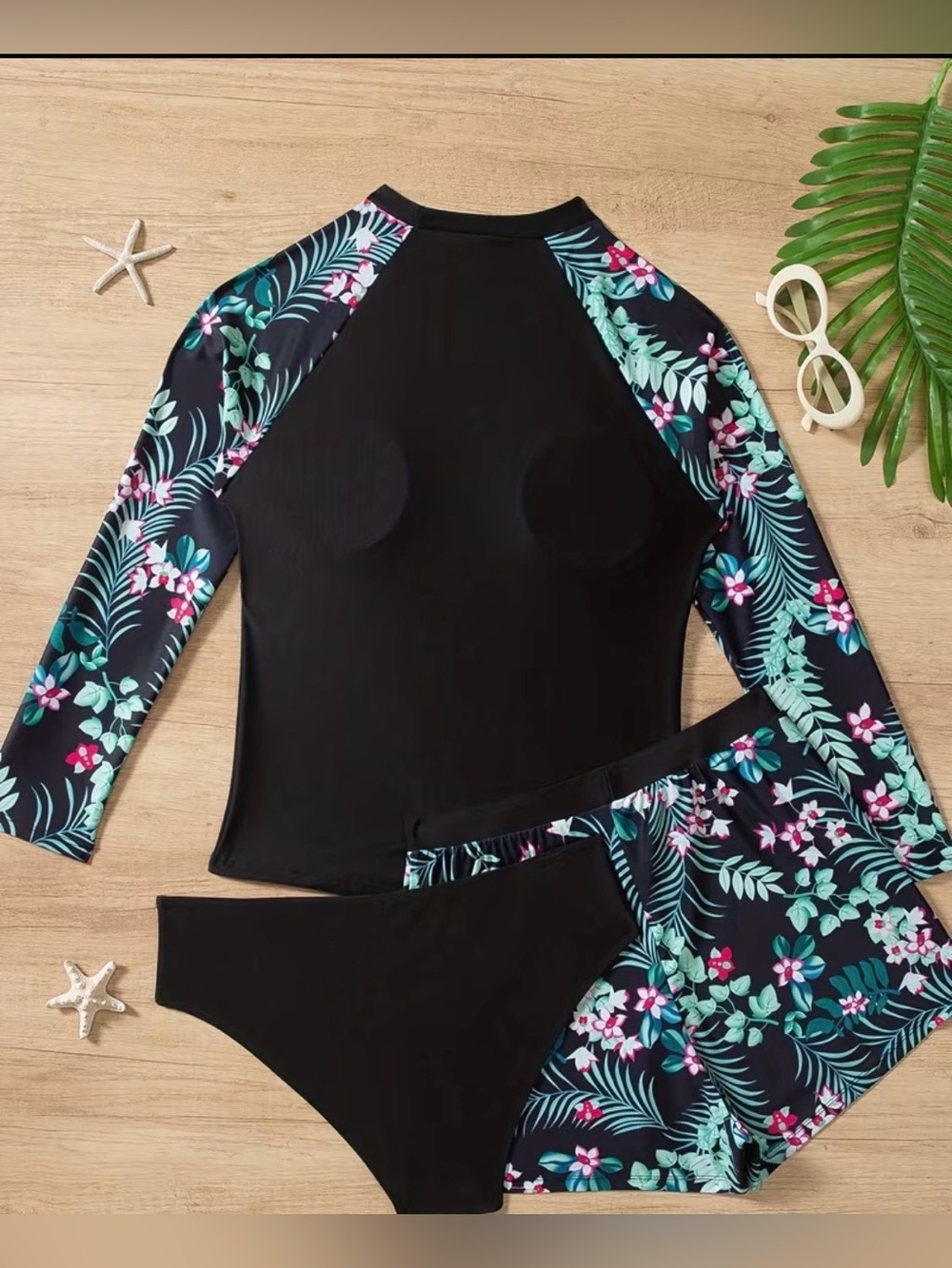 🆕 Rash Guard Bikini Set - Black with Teal & Pink Floral Sleeves